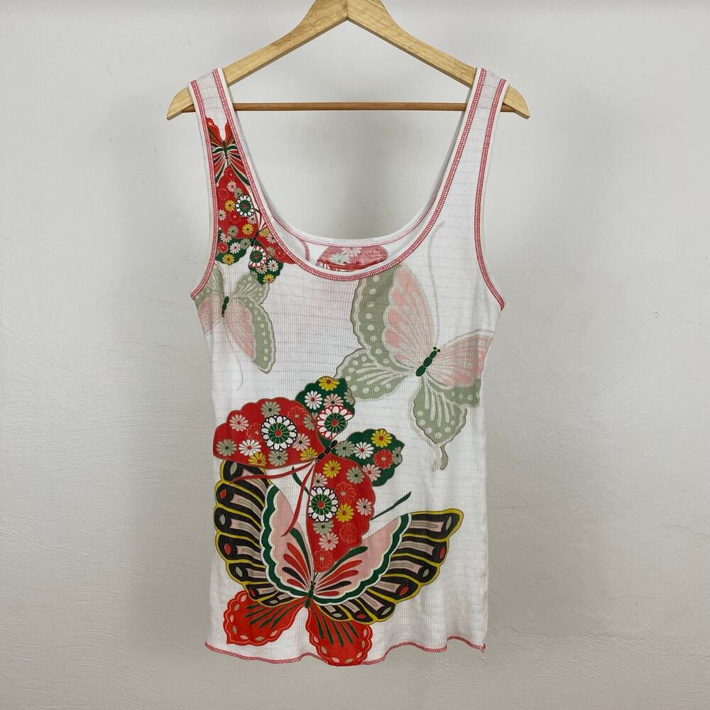 Free People Kimono Rib Tank - Ivory Butterflies - Size Large